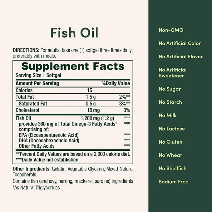 Omega-3 Fish Oil 1200mg, 200 Softgels, 360mg Omega-3, Burpless