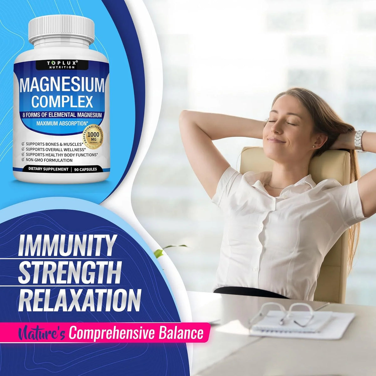 Magnesium Complex 1000mg ā 90 Capsules | 8 Forms with Glycinate, Citrate, Malate & Taurate