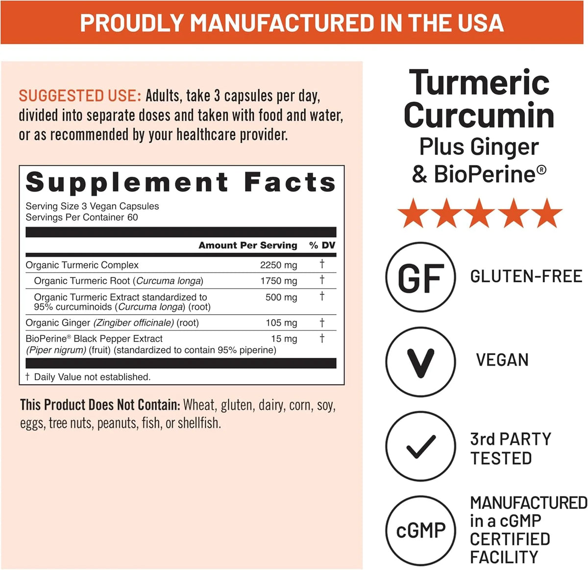 Turmeric Curcumin 2250mg with Black Pepper & Ginger | 180 Vegan Capsules