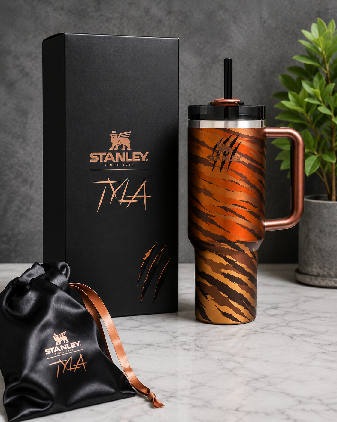 40oz Tiger Stripe Insulated Tumbler with Handle & Straw – Black & Orange Premium Travel Cup