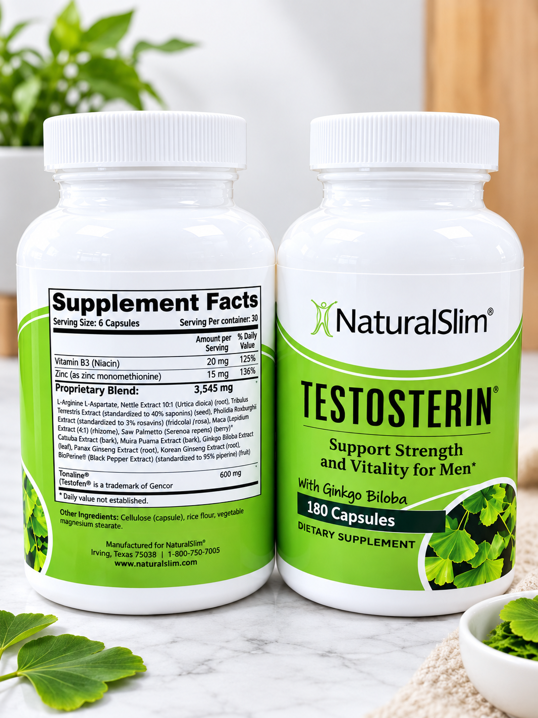 NaturalSlim TESTOSTERIN 180 Capsules with Ginkgo Biloba – Men’s Strength & Vitality Dietary Supplement