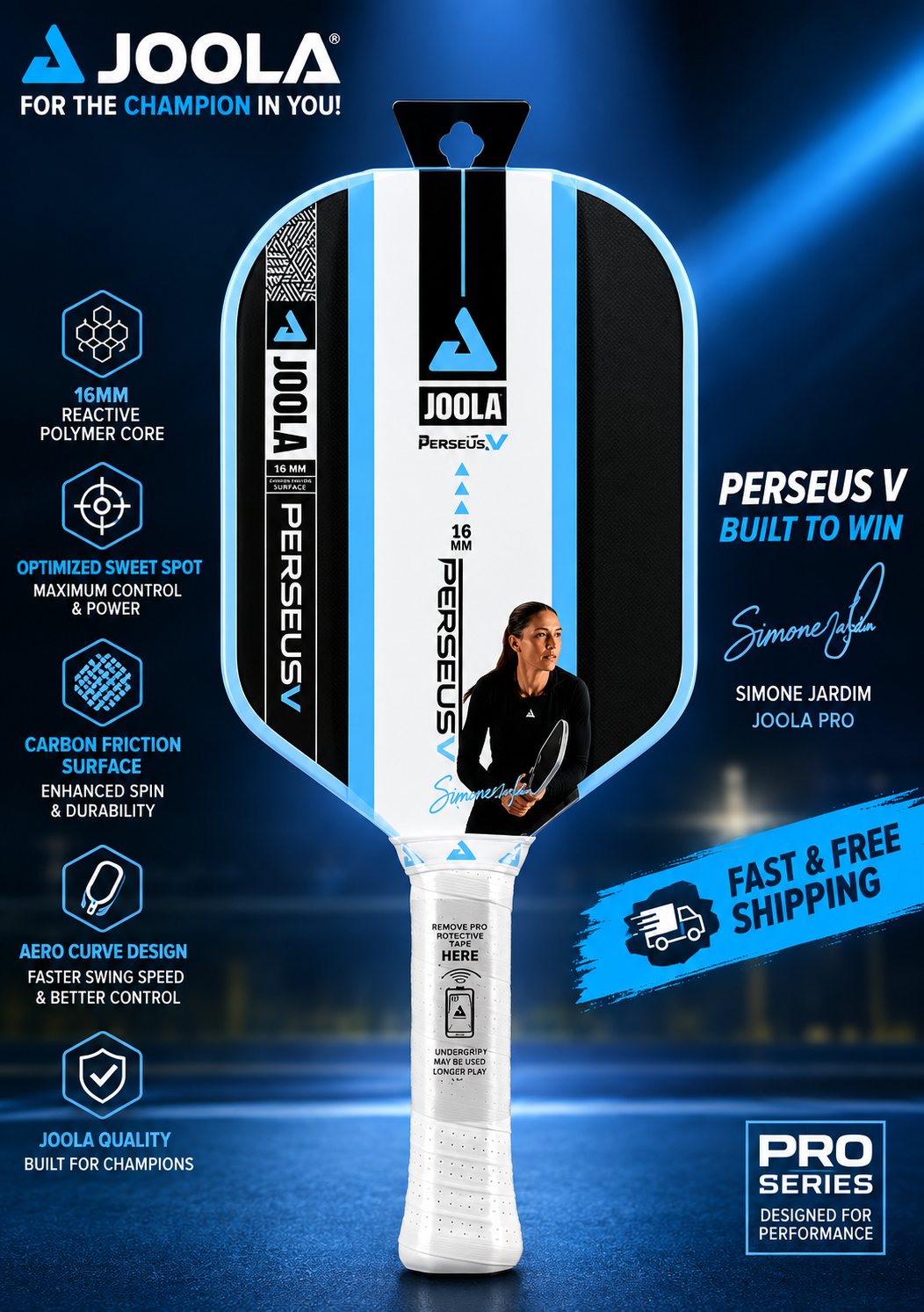 JOOLA Perseus Pro V 16mm Pickleball Paddle – Simone Jardim Signature, Breeze Blue