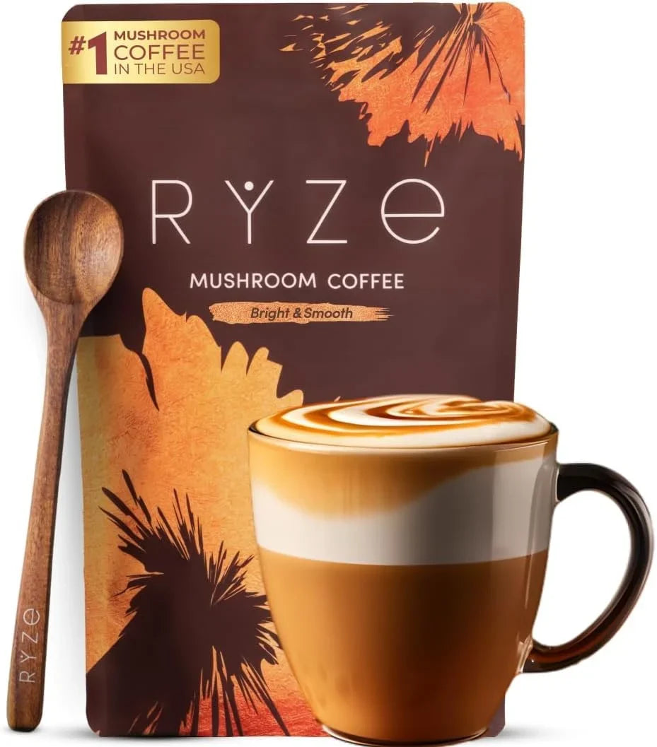 RYZE Organic Mushroom Coffee Medium Roast, 30 Servings, 6-Mushroom Blend