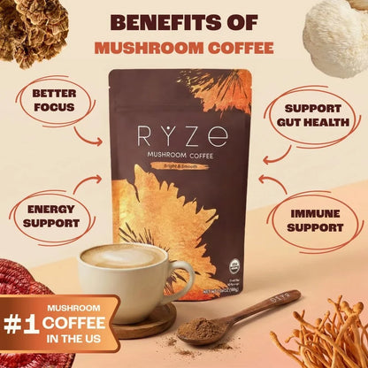 RYZE Organic Mushroom Coffee Medium Roast – 2 Pack, 60 Servings