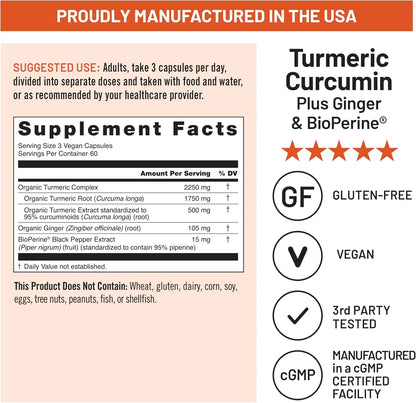 Turmeric Curcumin 2250mg with Black Pepper & Ginger | 180 Vegan Capsules