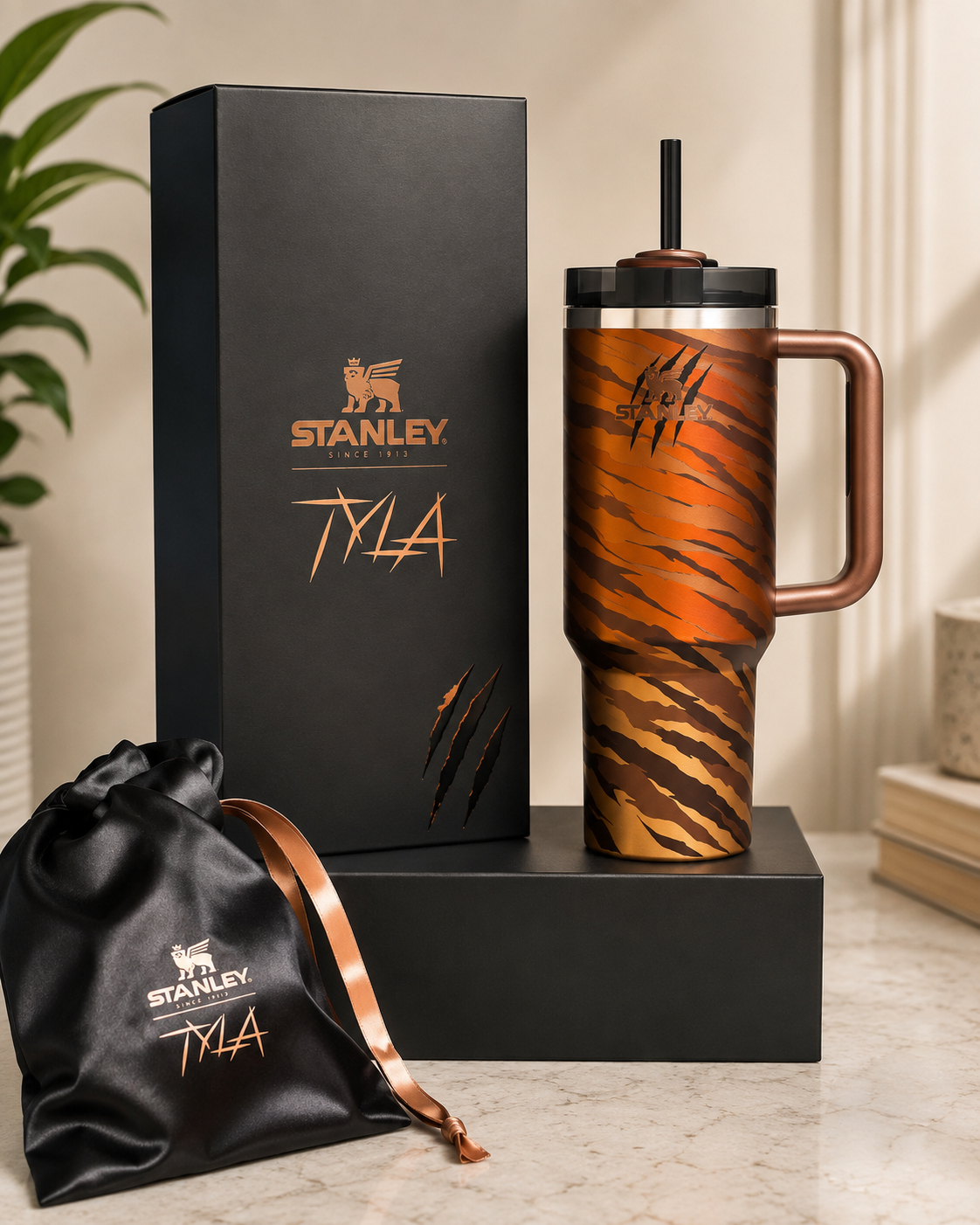 40oz Tiger Stripe Insulated Tumbler with Handle & Straw – Black & Orange Premium Travel Cup