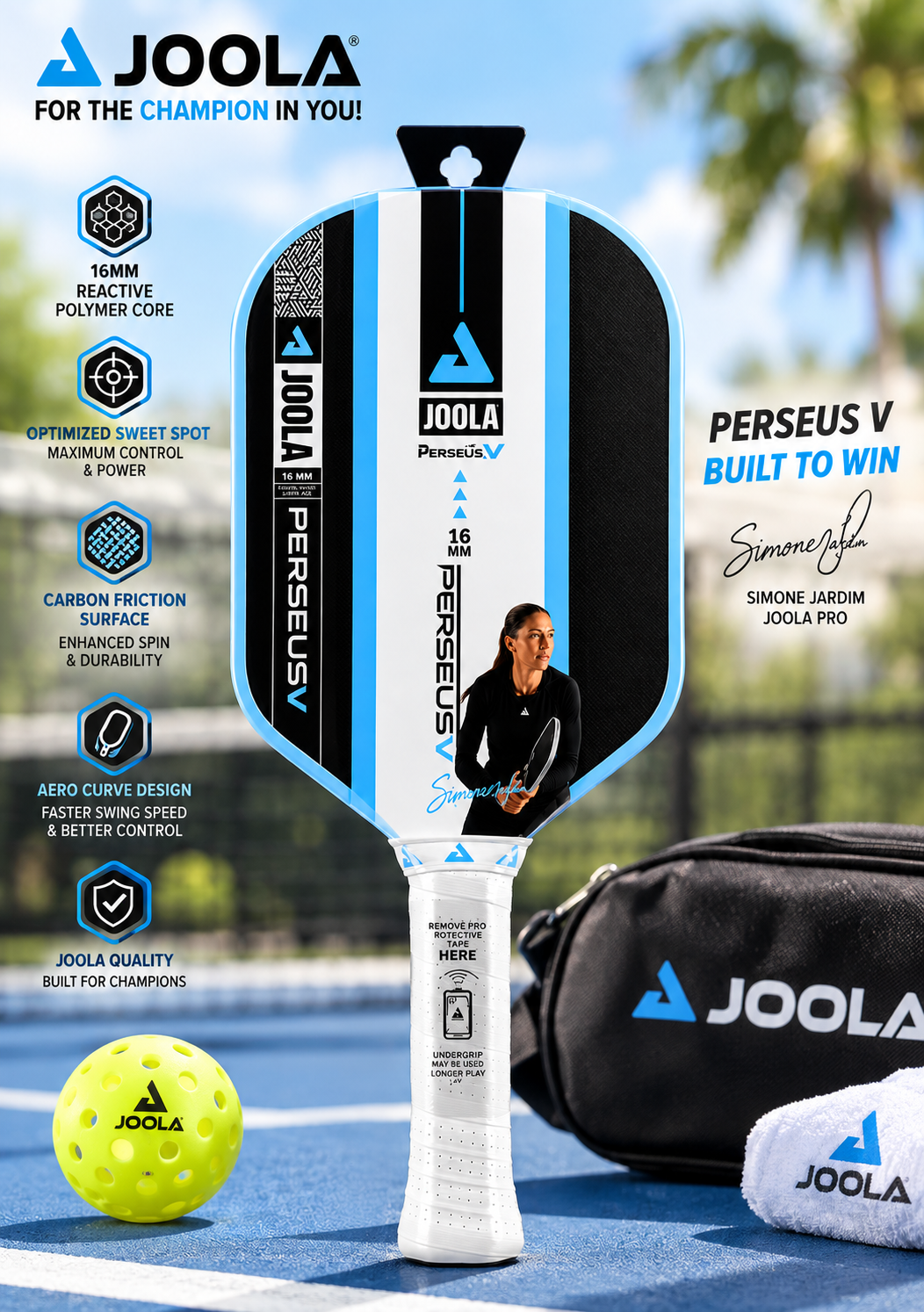JOOLA Perseus Pro V 16mm Pickleball Paddle – Simone Jardim Signature, Breeze Blue