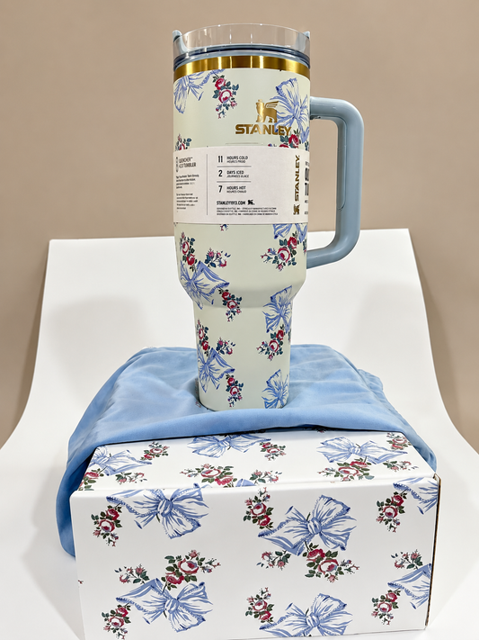 40oz Floral Bow Insulated Tumbler with Handle & Straw – Premium Stainless Steel Travel Cup, Cream & Blue
