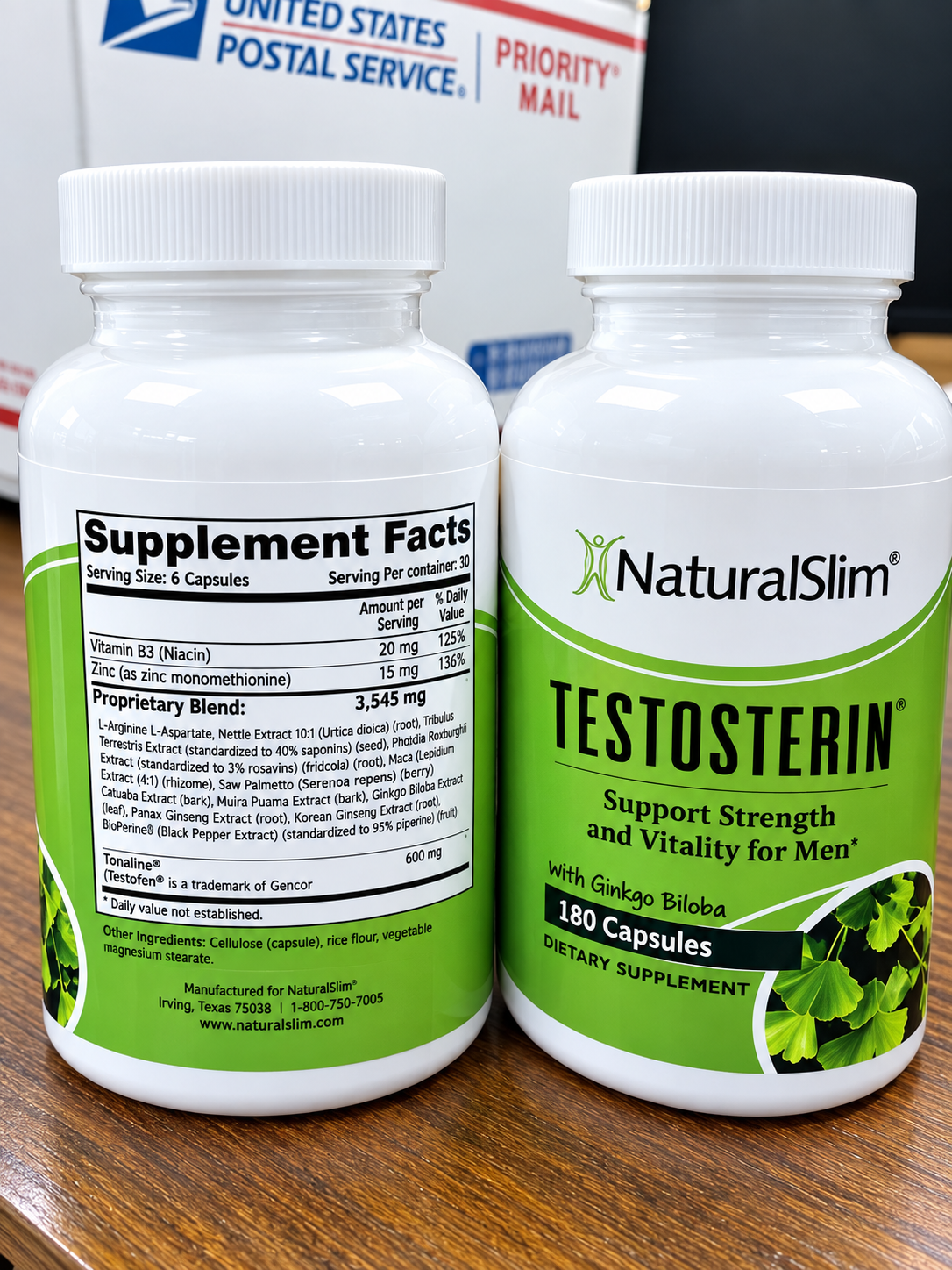 NaturalSlim TESTOSTERIN 180 Capsules with Ginkgo Biloba – Men’s Strength & Vitality Dietary Supplement